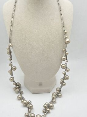J.Crew Silver Tone Paperclip & Glass Cluster Pearl Long Necklace - 31"